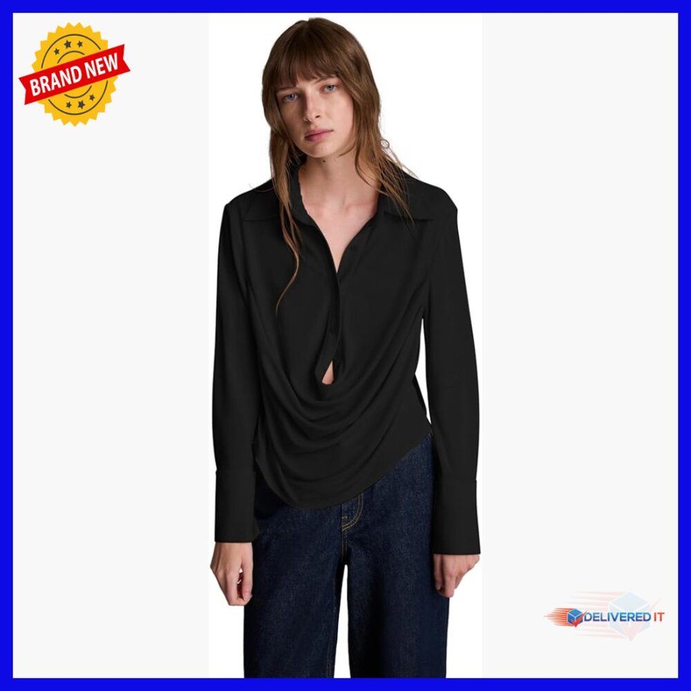 Long Sleeve Drape Front Top, Regular Fit, Polyester Blend, Workwear